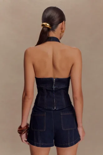 Meadow Denim Corset Halter Top – Indigoblå