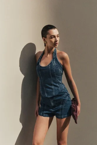 Meadow Denim korsett-halterneck-top – mörkblå