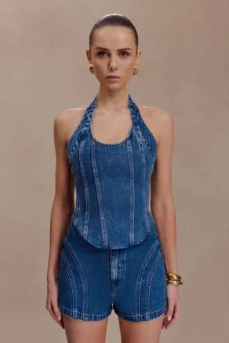 Meadow Denim korsett-halterneck-top – mörkblå