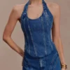 Meadow Denim korsett-halterneck-top – mörkblå