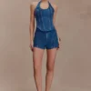 Meadow Denim korsett-halterneck-top – mörkblå
