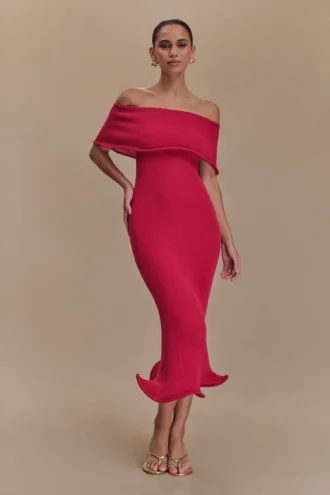 Molly Off Shoulder Knit Midi Klänning – Raspberry