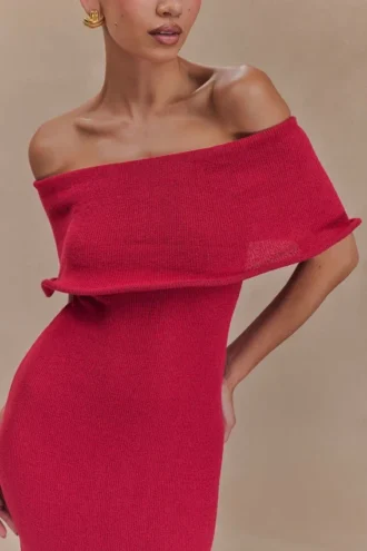 Molly Off Shoulder Knit Midi Klänning – Raspberry
