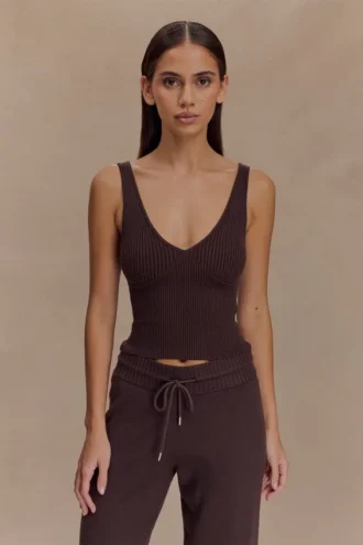 Natalya ribbad stickad cami-top – mörk choklad