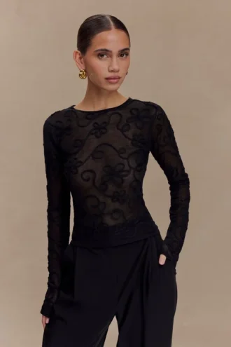 Omari Embroidery långärmad stickad topp – svart