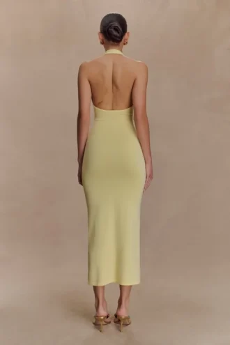 Ovina halterneck-stickad midiklänning – Lemon