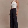 Perrie midjehöga raka jeans med knytning – tvättad svart Perrie midjehöga raka jeans med knytning – tvättad svart