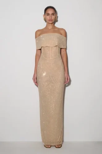 Phi Multi-Wear Cowl Diamante Maxi Klänning – Guld