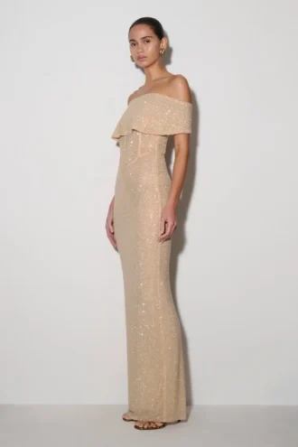 Phi Multi-Wear Cowl Diamante Maxi Klänning – Guld