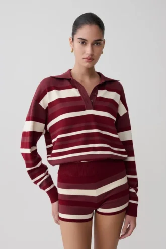 Philly Stripe långärmad stickad tröja – vinröd/kräm