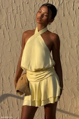 Poppy Satin Halter Mini Klänning – Lemon