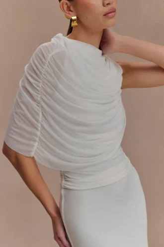 Pruedance Slinky draperad topp med meshöverdrag – Vit