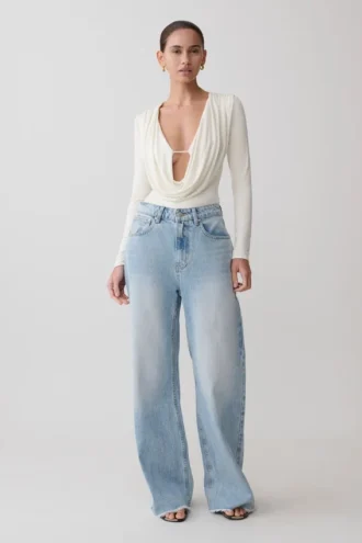 Ren Cowl långärmad slinky bodysuit – elfenben