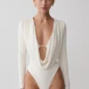 Ren Cowl långärmad slinky bodysuit – elfenben