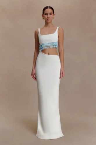 Ruvic Knit Maxi Beaded Klänning – Vit