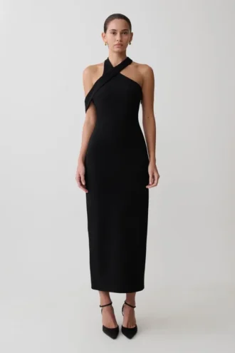 Sable Crossover Crepe Midi Klänning – Svart