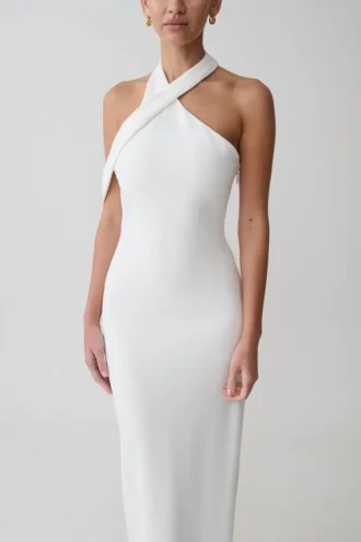 Sable Crossover Crepe Midi Klänning – Vit