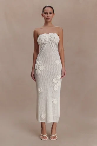 Samantha Crochet Midi-klänning med blommor – Elfenben