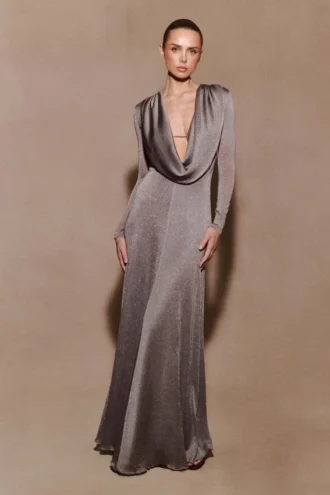 Scarlet Lurex Cowl Maxi Klänning – Silver