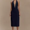 Shauna Denim Halter Midi Klänning – Indigo Blue Shauna Denim Halter Midi Klänning – Indigo Blue
