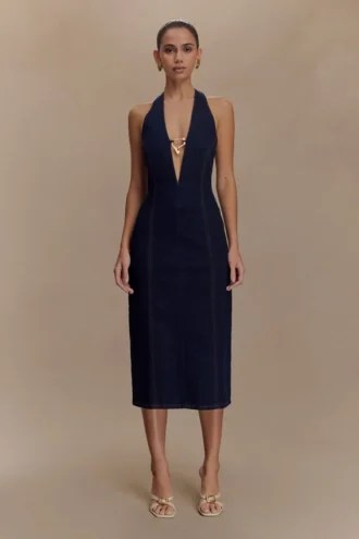 Shauna Denim Halter Midi Klänning – Indigo Blue Shauna Denim Halter Midi Klänning – Indigo Blue