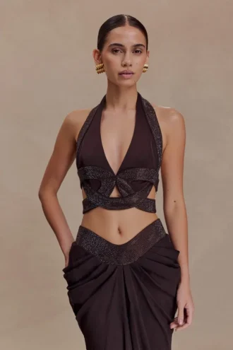 Siren halterneck-top i satin och strass – mörk choklad