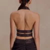 Siren halterneck-top i satin och strass – mörk choklad Siren halterneck-top i satin och strass – mörk choklad