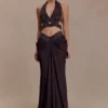 Siren halterneck-top i satin och strass – mörk choklad Siren halterneck-top i satin och strass – mörk choklad