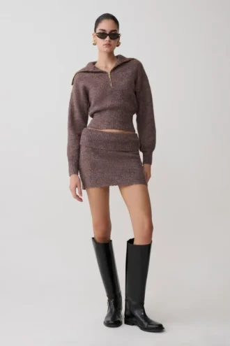 Skylaine stickad minikjol – brun melerad