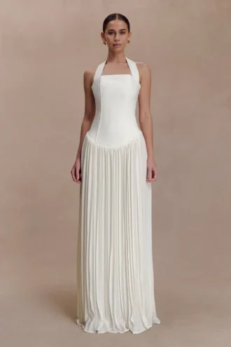 Stacie plisserad halterneck-maxiklänning – Ivory