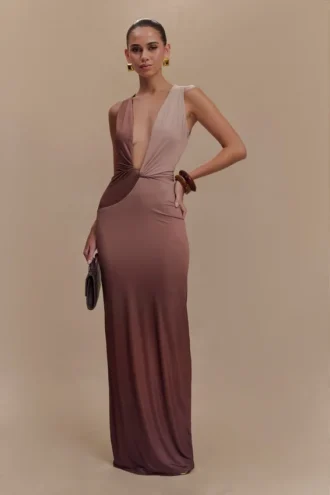 Stella draperad, figurnära maxiklänning – Mocha Ombre