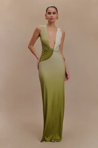 Stella draperad slinky maxiklänning – Ombre Vintage Olive
