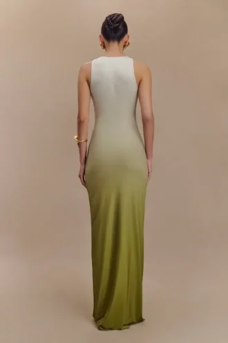 Stella draperad slinky maxiklänning – Ombre Vintage Olive
