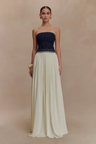 Suella Chiffon Denim Maxi Klänning – Indigo Blue