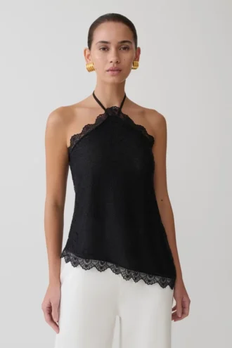 Theodosia asymmetrisk halterneck-top i spets – svart