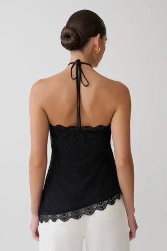 Theodosia asymmetrisk halterneck-top i spets – svart