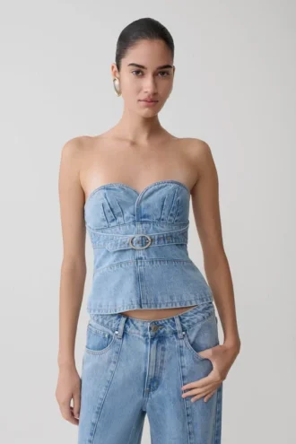 Tommy strapless Denim-top med spänne – klassiskt blå