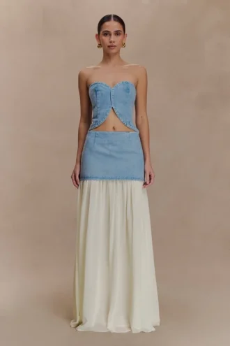 Tully Chiffon Denim Maxikjol – 80-talsblå