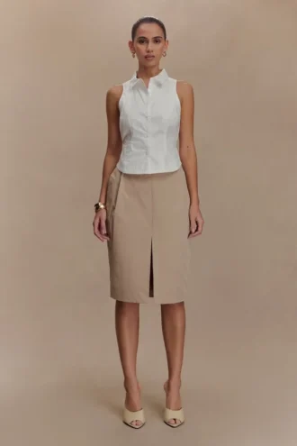 Vera Twill Midi-kjol med slits fram – Kamel