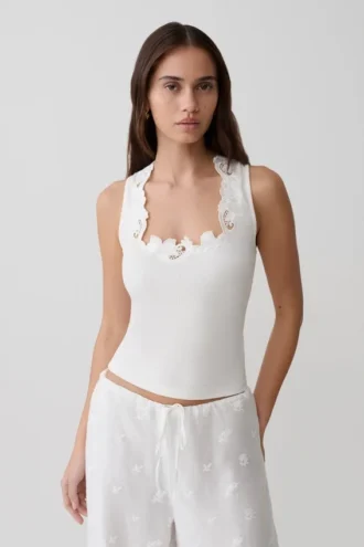 Vianna Broderie Ribbed Tank Top – Elfenben