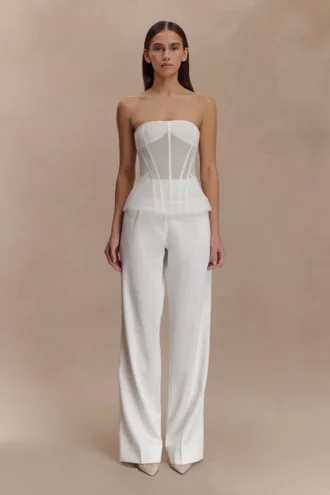 Fatima Satin Straight Leg Byxor – Vit